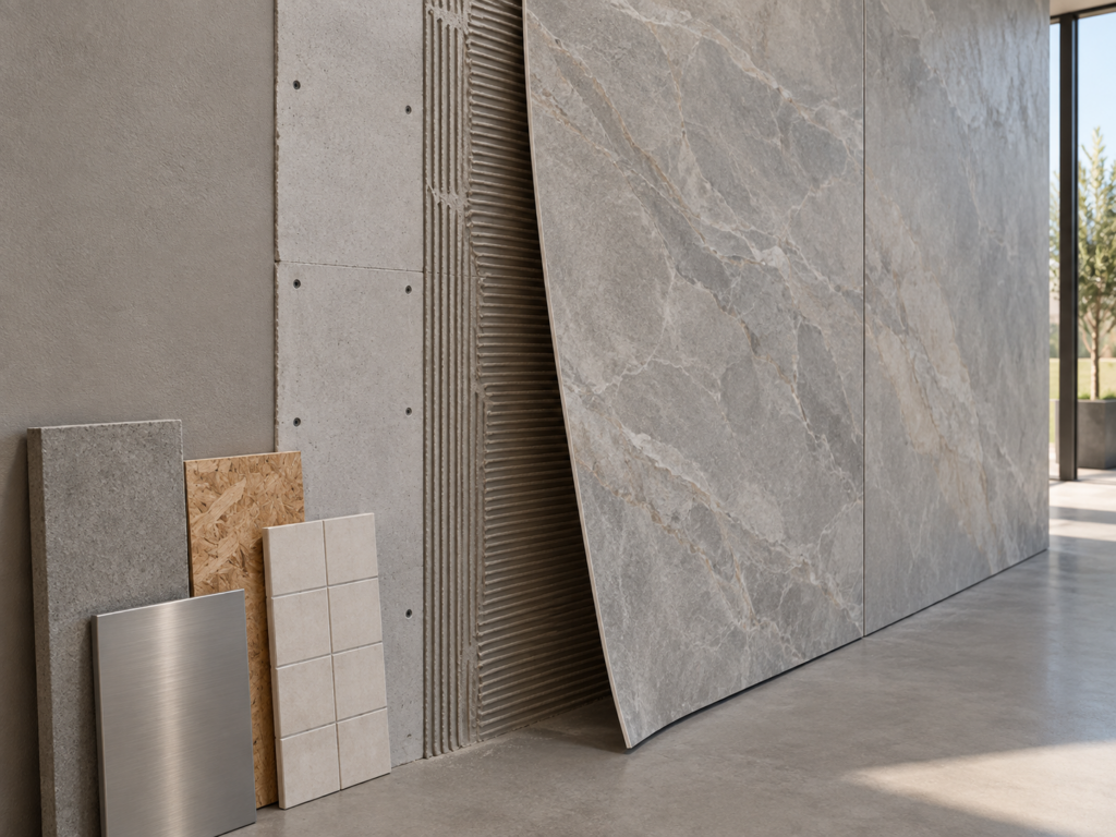 Person placing flexible stone tile on wall near window