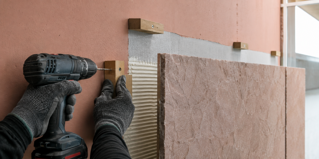 Hands using a drill to attach wood blocks to a pink wall with nails