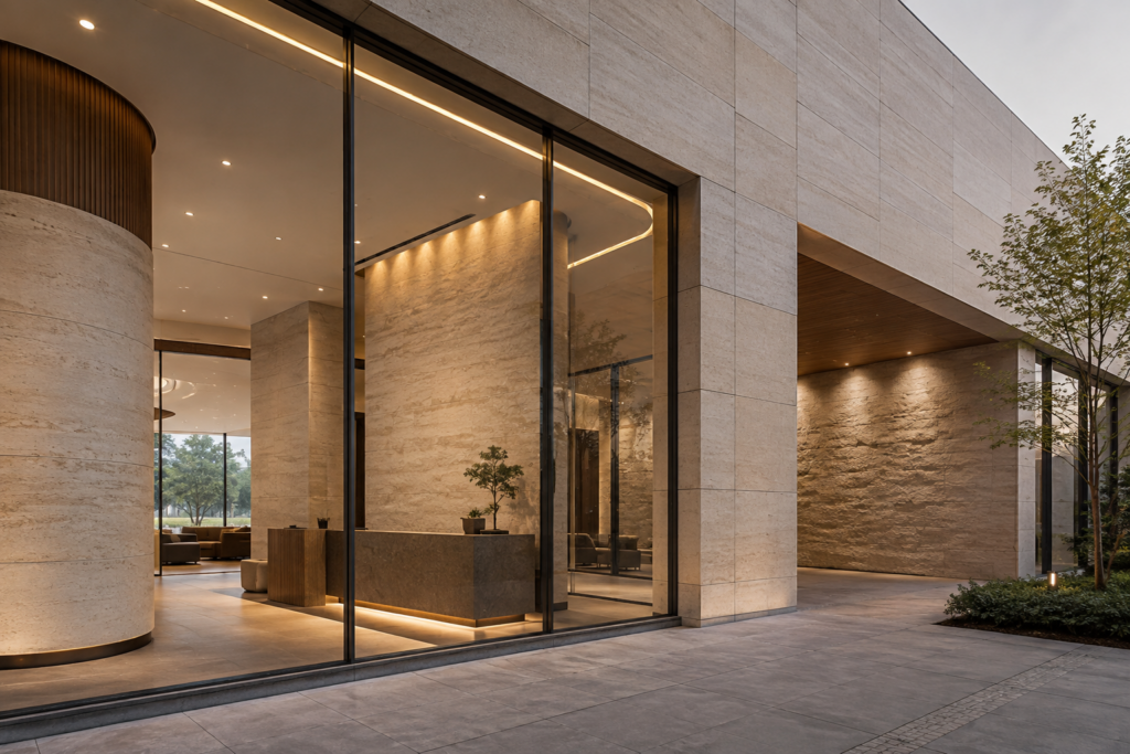 framed flexible stone panel on textured wall near window