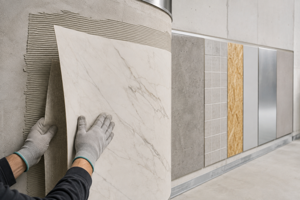 Curved wall displaying Angtai's colorful, textured stone samples at Marmomac 2025