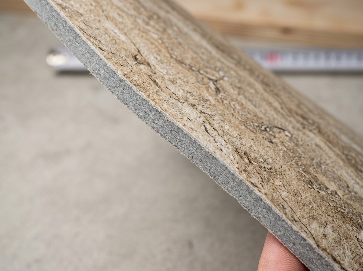 Close-up of flexible MCM stone-look panel edge showing substrate and printed surface texture