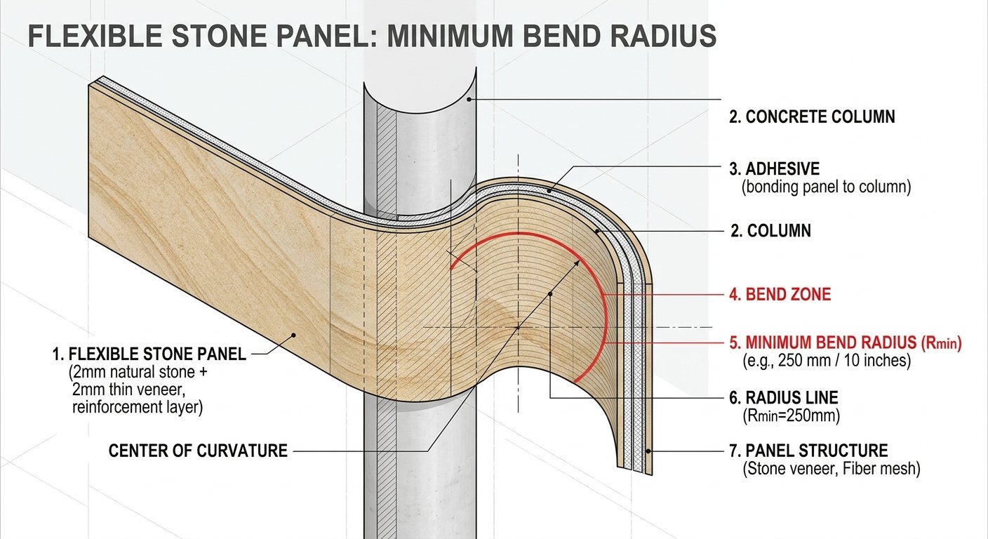 Infographic showing minimum bend radius of a flexible stone panel around a column