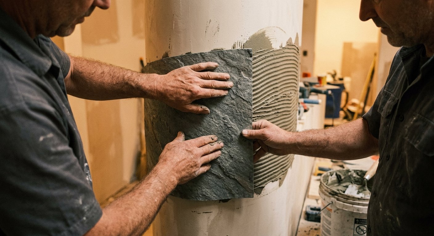 Installer pressing flexible stone panel onto curved wall with adhesive
