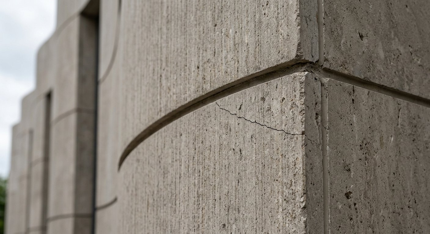 Close-up of hairline crack at corner joint on curved stone-look panel installation