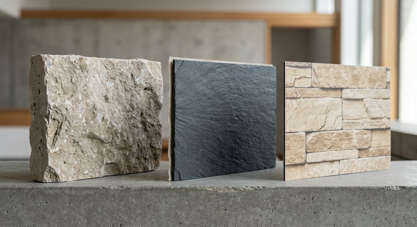 Three cladding material samples compared: quarried stone slab, thin stone veneer, and printed stone-look panel