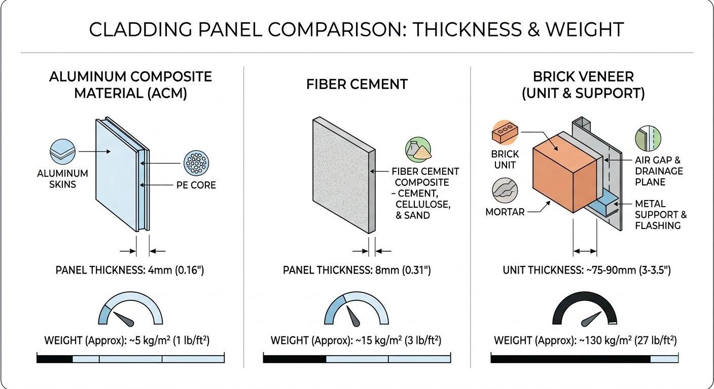 Technical infographic comparing thickness and weight of natural stone, thin veneer, and MCM panels
