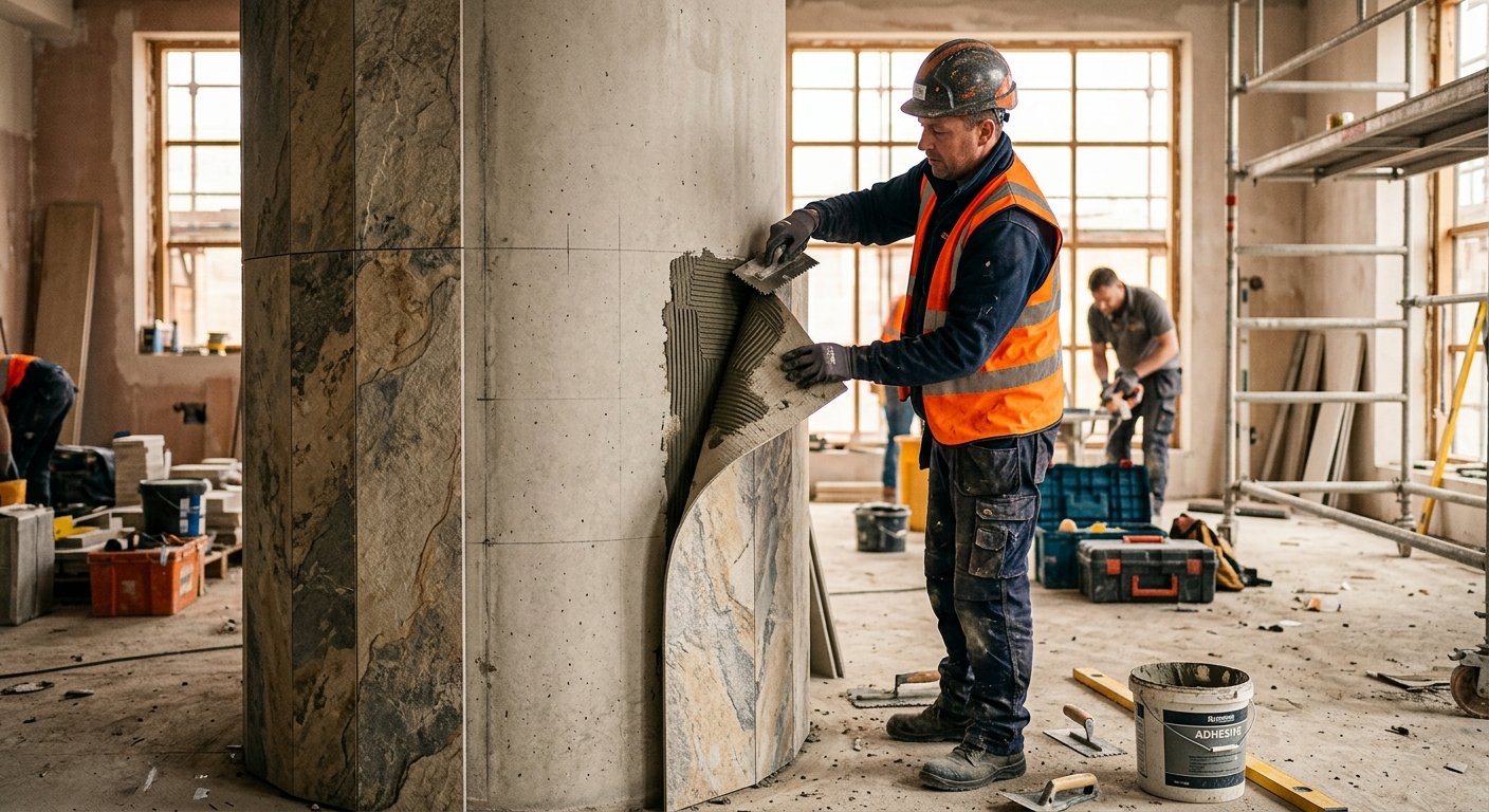 Worker installing a flexible stone-look panel with adhesive on a curved interior column