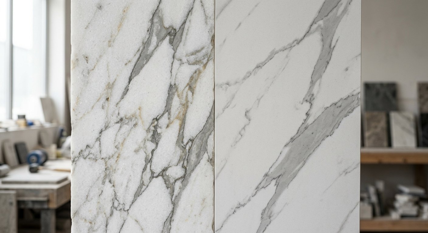 Macro comparison of natural marble veining versus printed stone-look panel surface