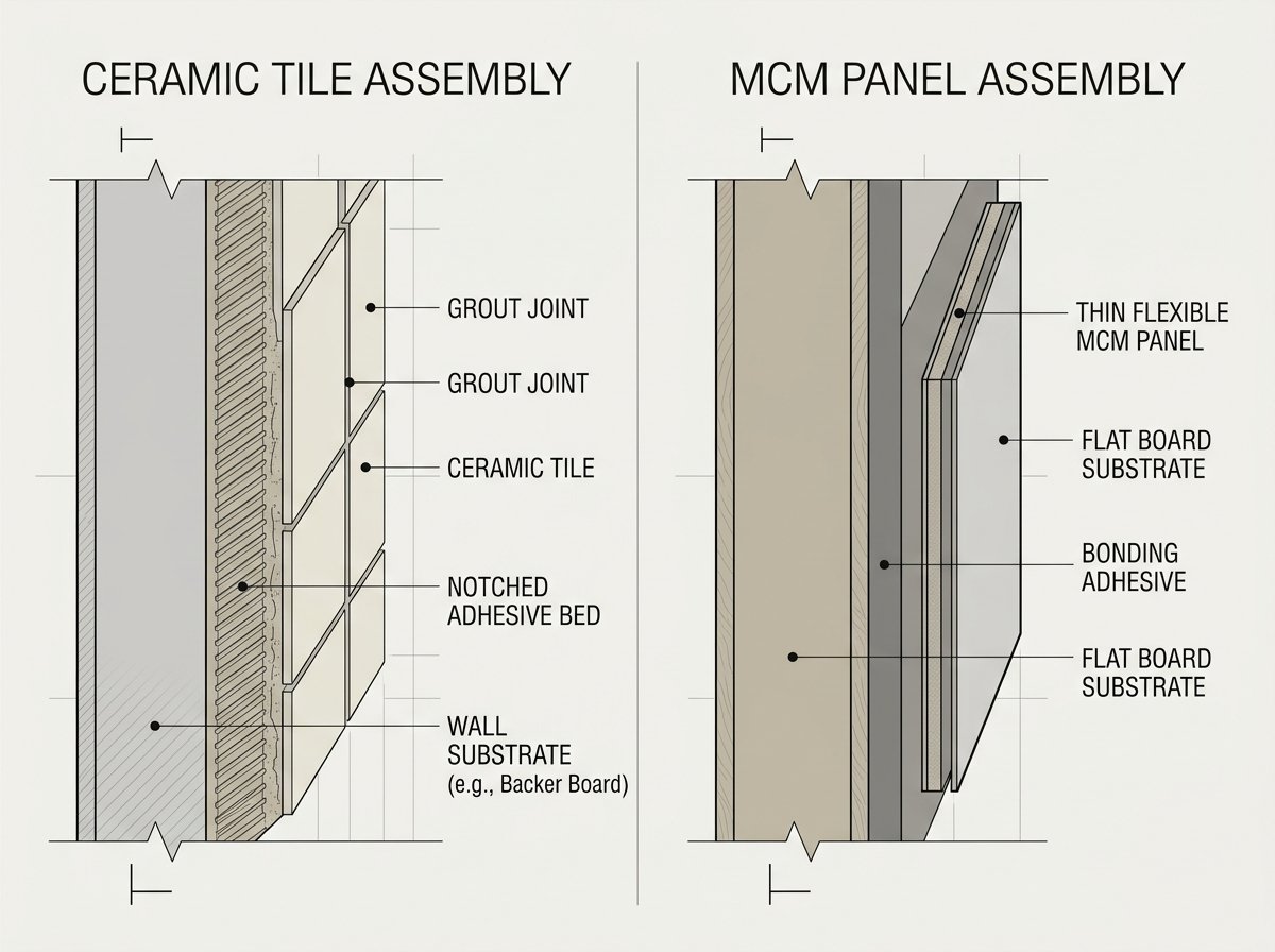 Cross-section comparison of a ceramic tile adhesive bed and a directly bonded flexible MCM panel
