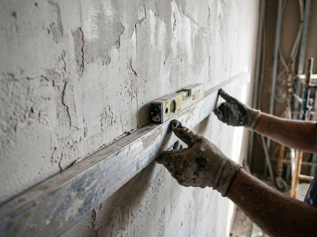 Contractor checking substrate flatness with a straightedge before installing wall cladding