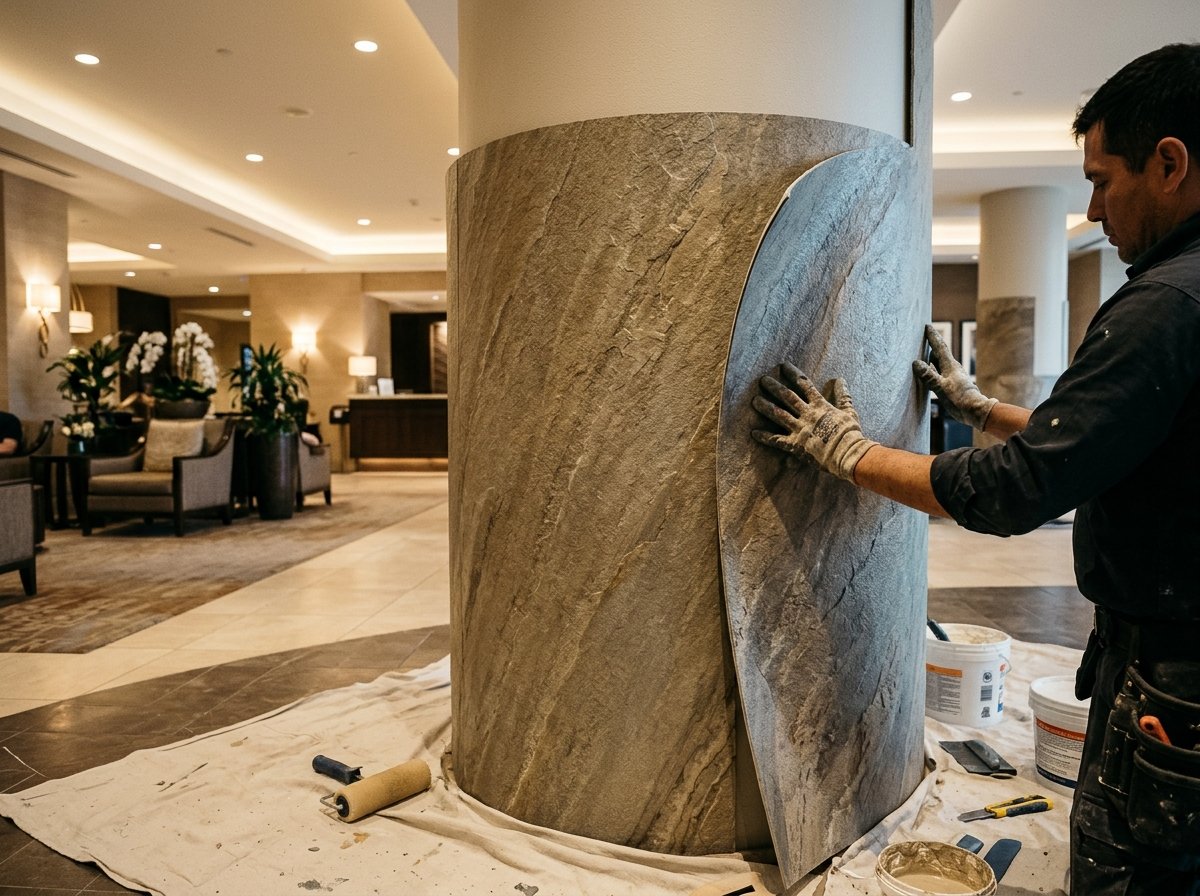 Flexible stone-look MCM panel wrapped around a curved lobby column without vertical joints