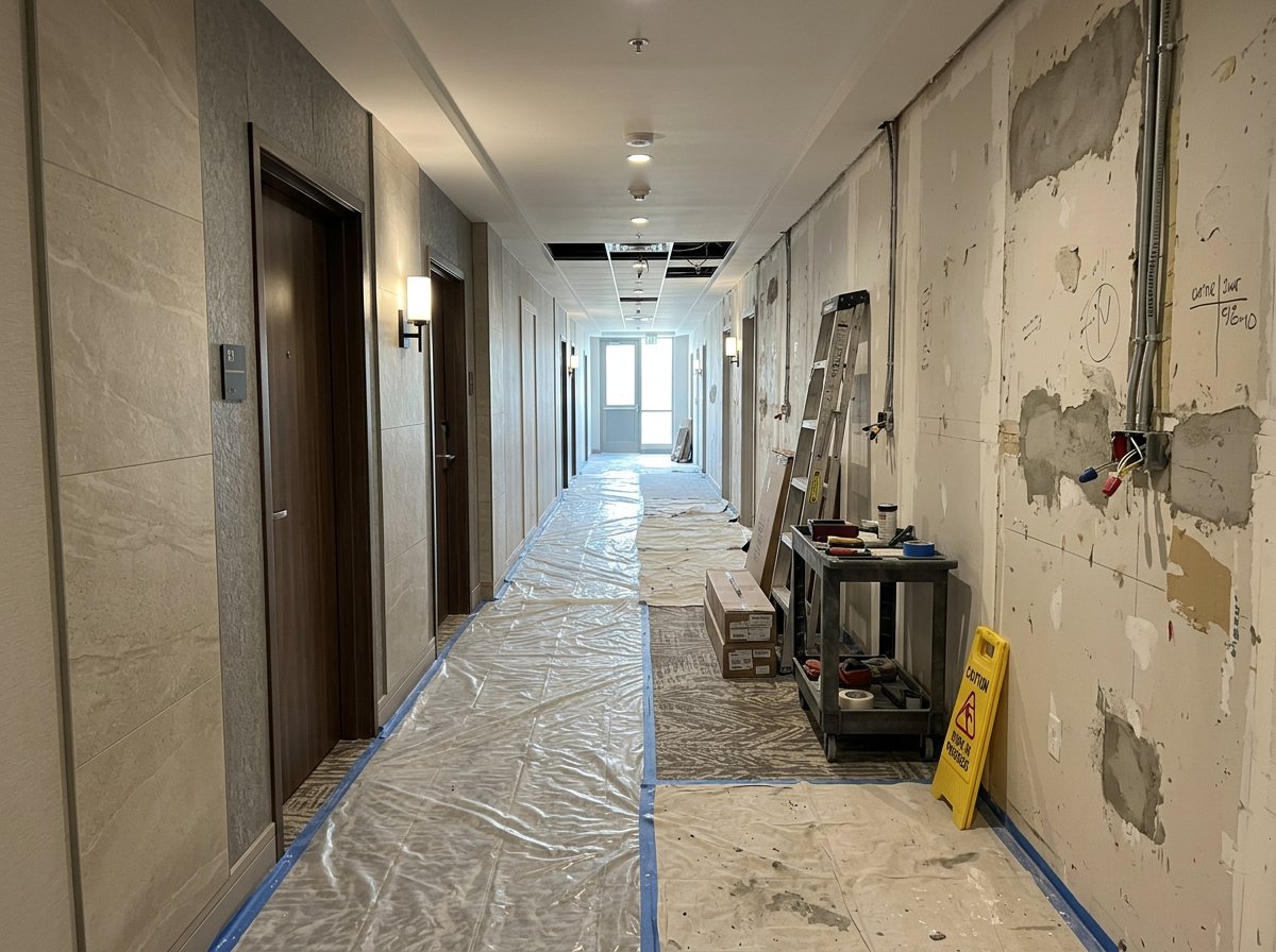 Phased hotel corridor refurbishment with finished panel wall and stripped substrate opposite