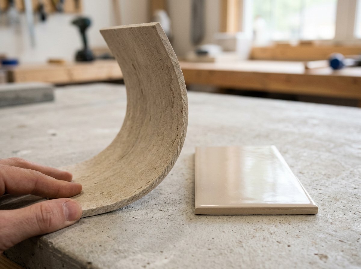 Flexible MCM panel edge showing bendable composite substrate compared to rigid ceramic tile