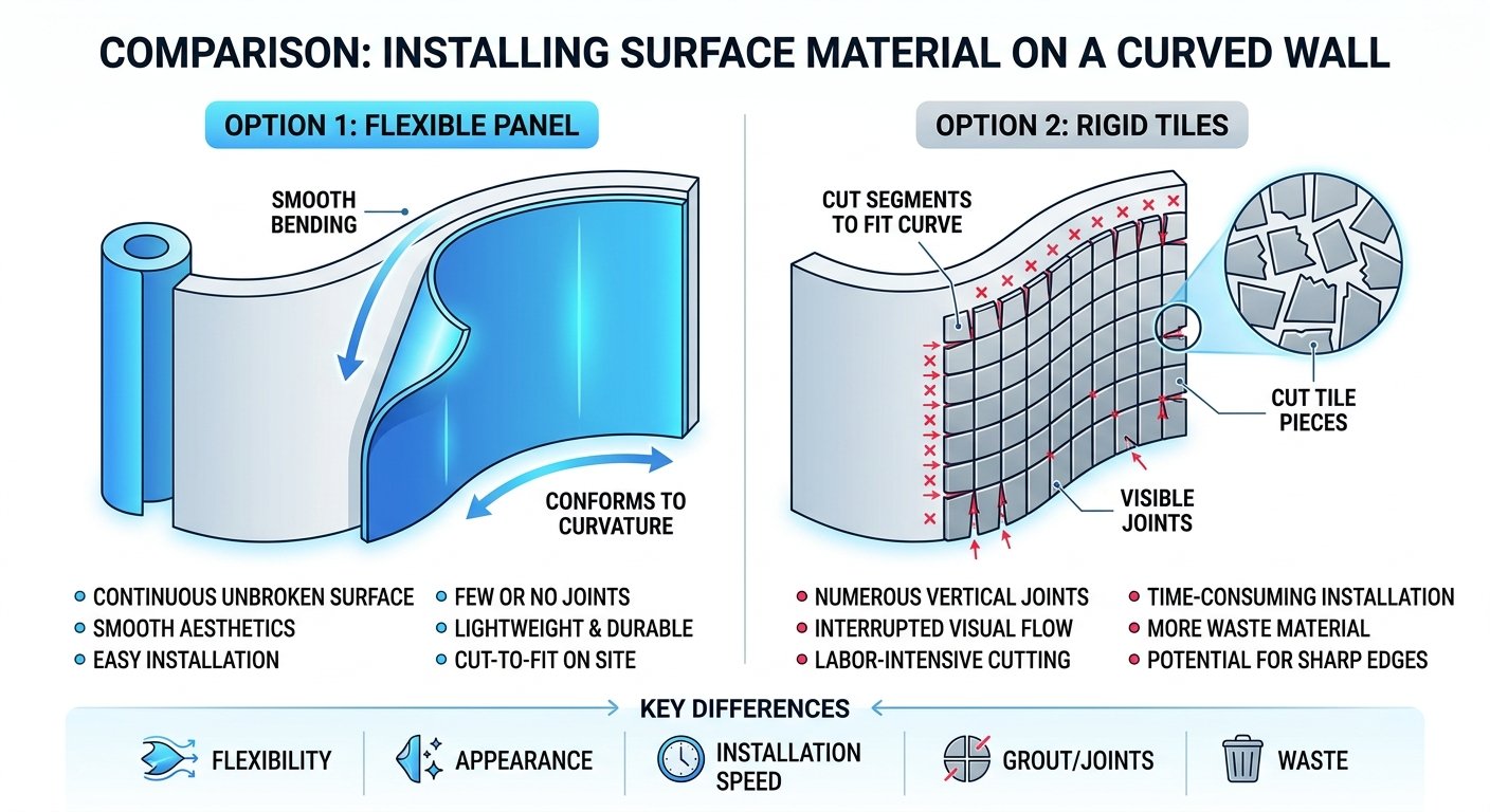 Infographic comparing flexible panel curved wall installation versus rigid ceramic tile segmented installation