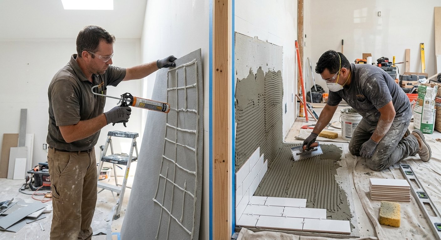Contractor applying adhesive to flexible panel alongside mortar application for ceramic tile installation