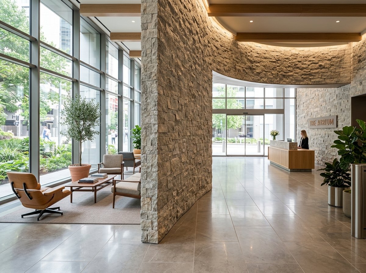 Modern commercial lobby with curved MCM stone-look feature wall next to ceramic-tiled floor