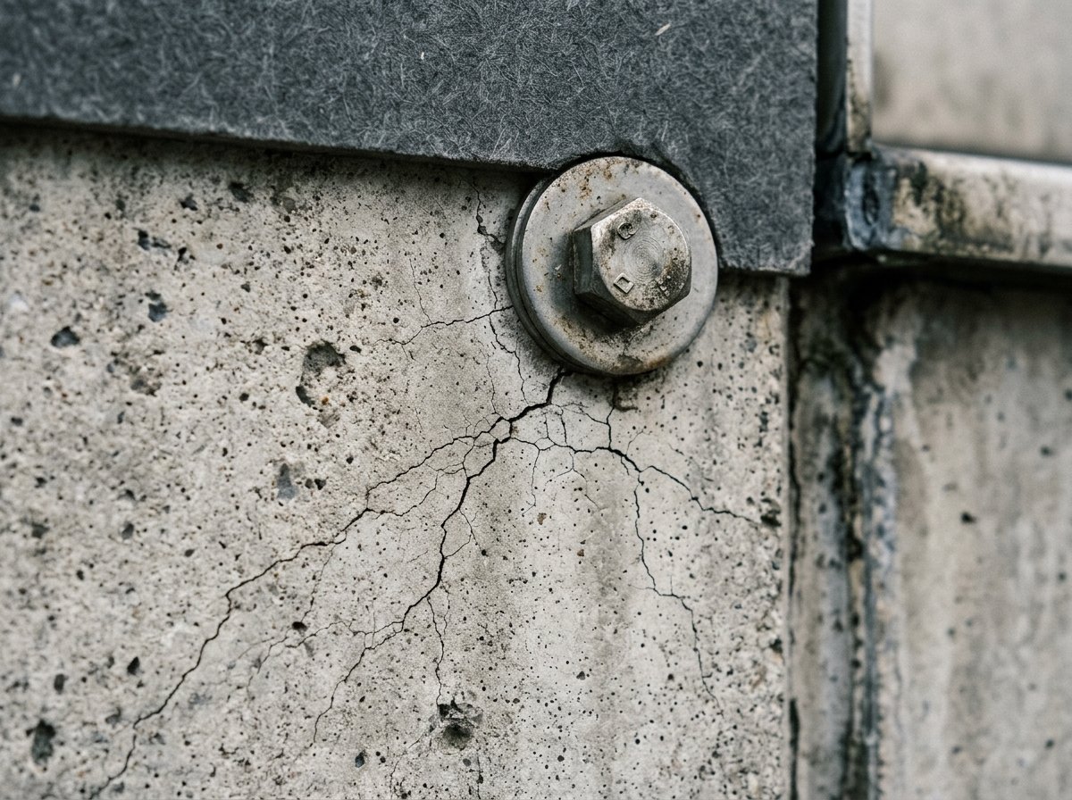 Hairline cracking near a cladding panel fixing point on a concrete facade