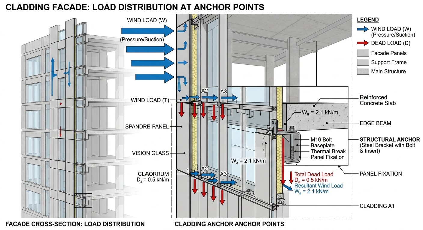 Diagram of wind load and dead load forces on high-rise cladding anchors
