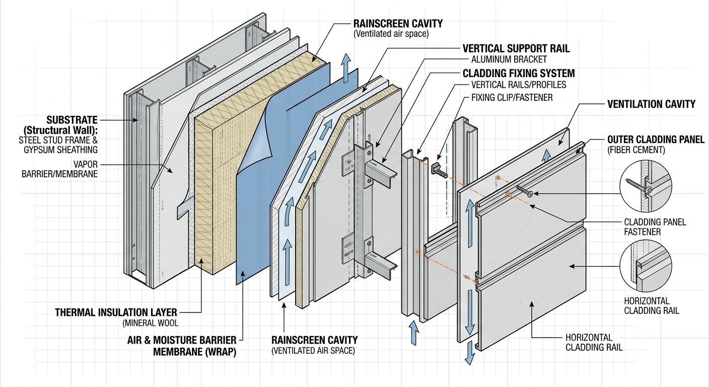 Exploded diagram of rainscreen wall assembly layers