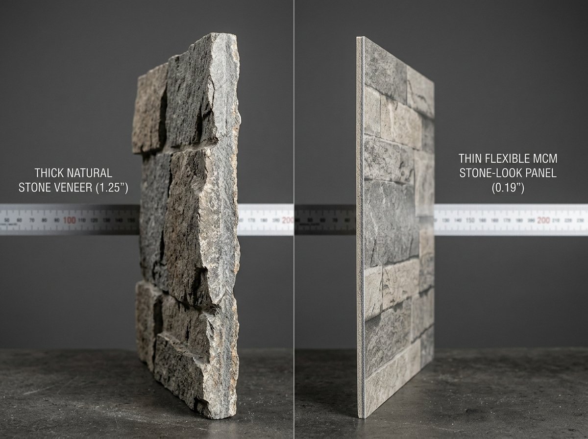 Comparison of thick natural stone veneer edge and thin flexible MCM stone-look panel edge