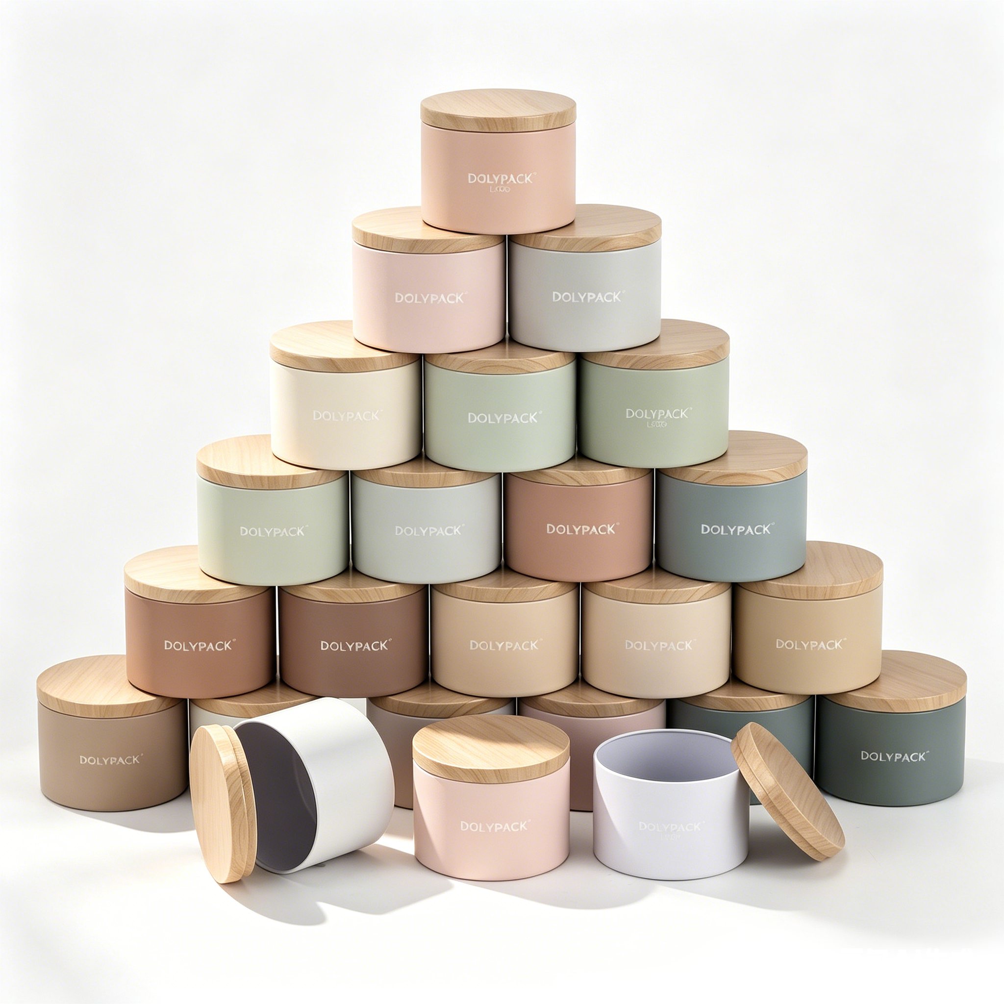 pyramid of pastel-colored Dolypack candle jars with wooden lids