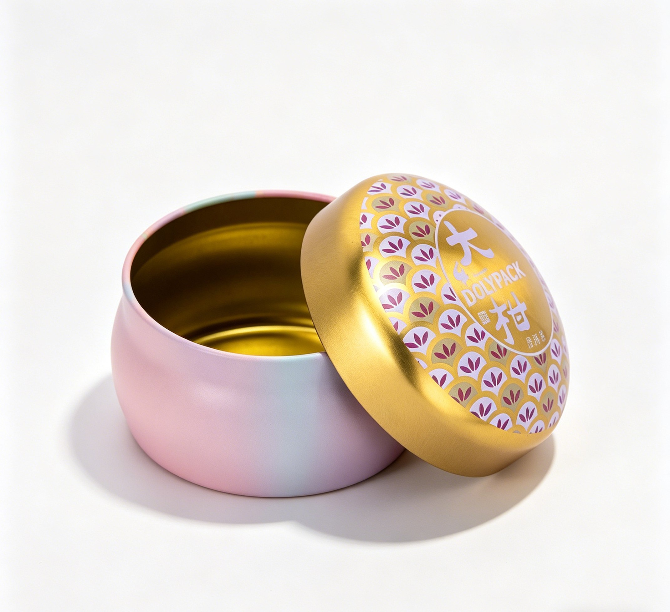 round tin box with pink exterior, gold interior, and floral lid design