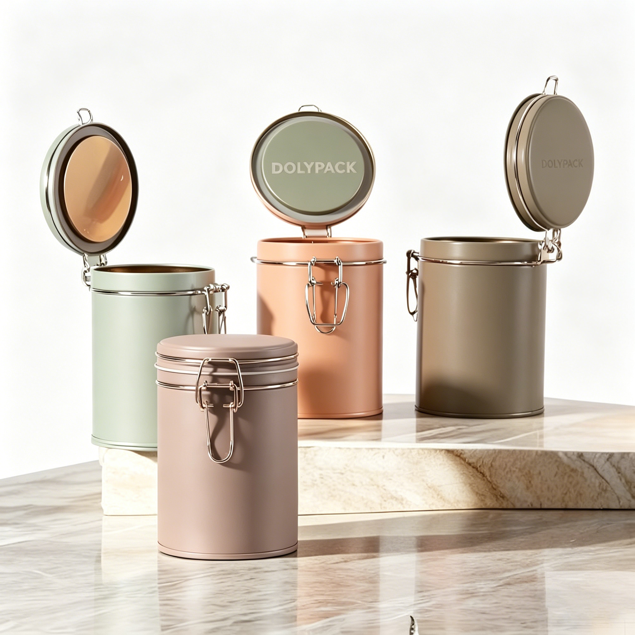 Pastel supplement tins by DOLYPACK in pink, green, beige, and cream