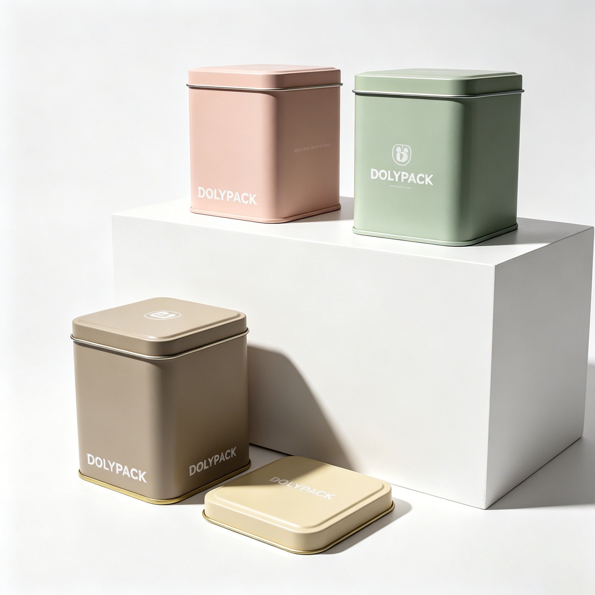 Pastel supplement tins by DOLYPACK in pink, green, beige, and cream