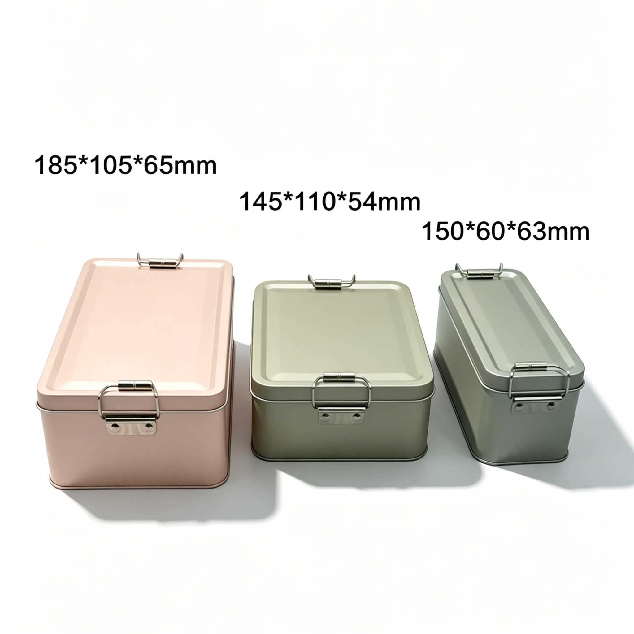 three tins in pink beige and gray with dimensions labeled
