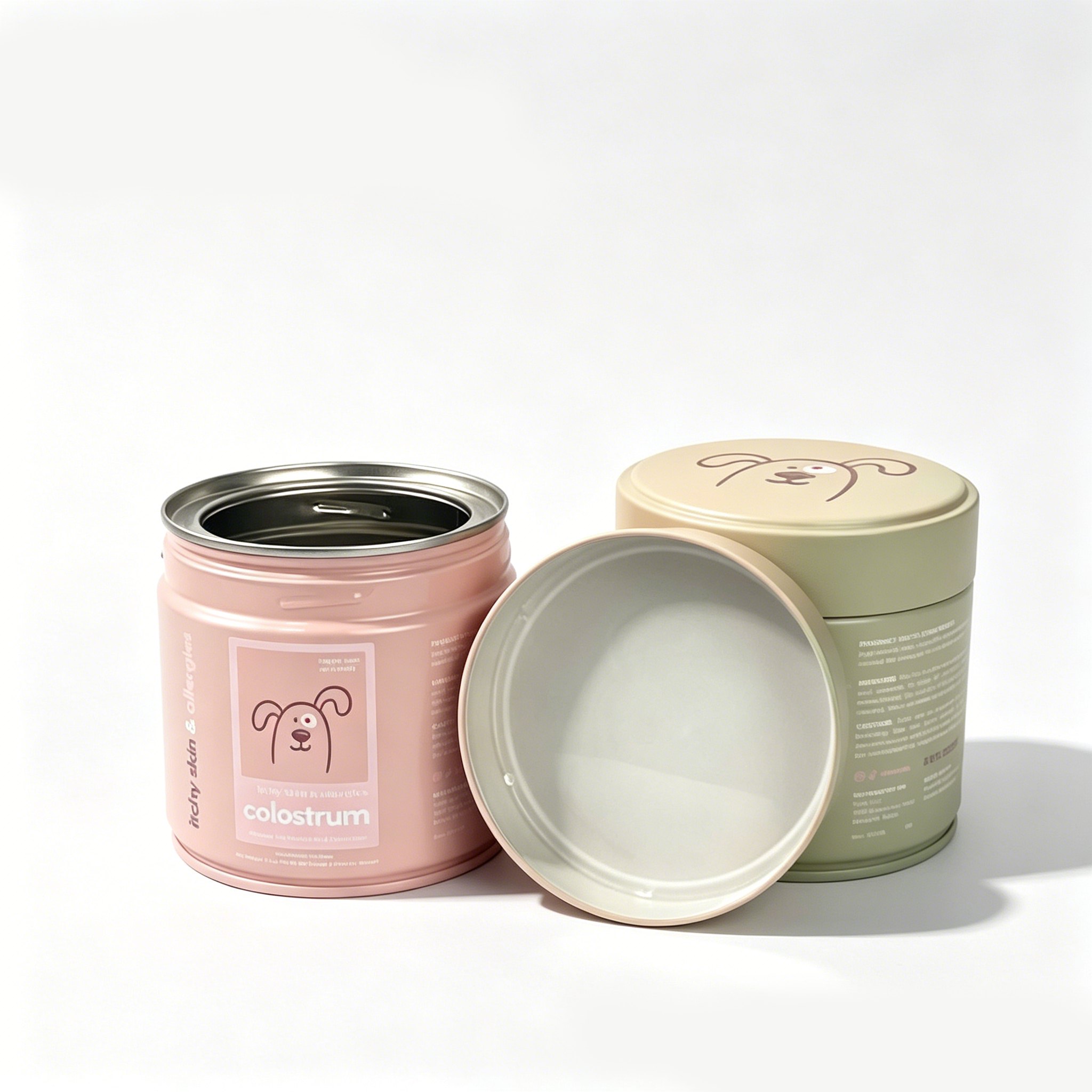 Two pet product tins are displayed against a white background; one pink tin is open showing the interior while the other green tin remains closed.