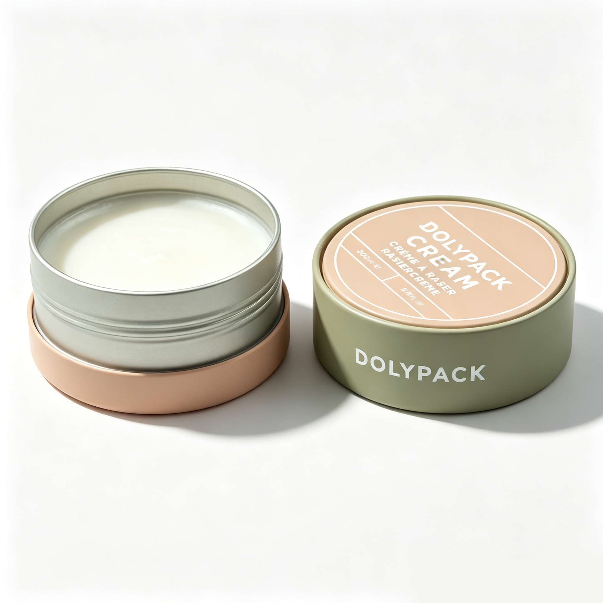 Dolypack cream container with green lid next to an open tin showing white cream