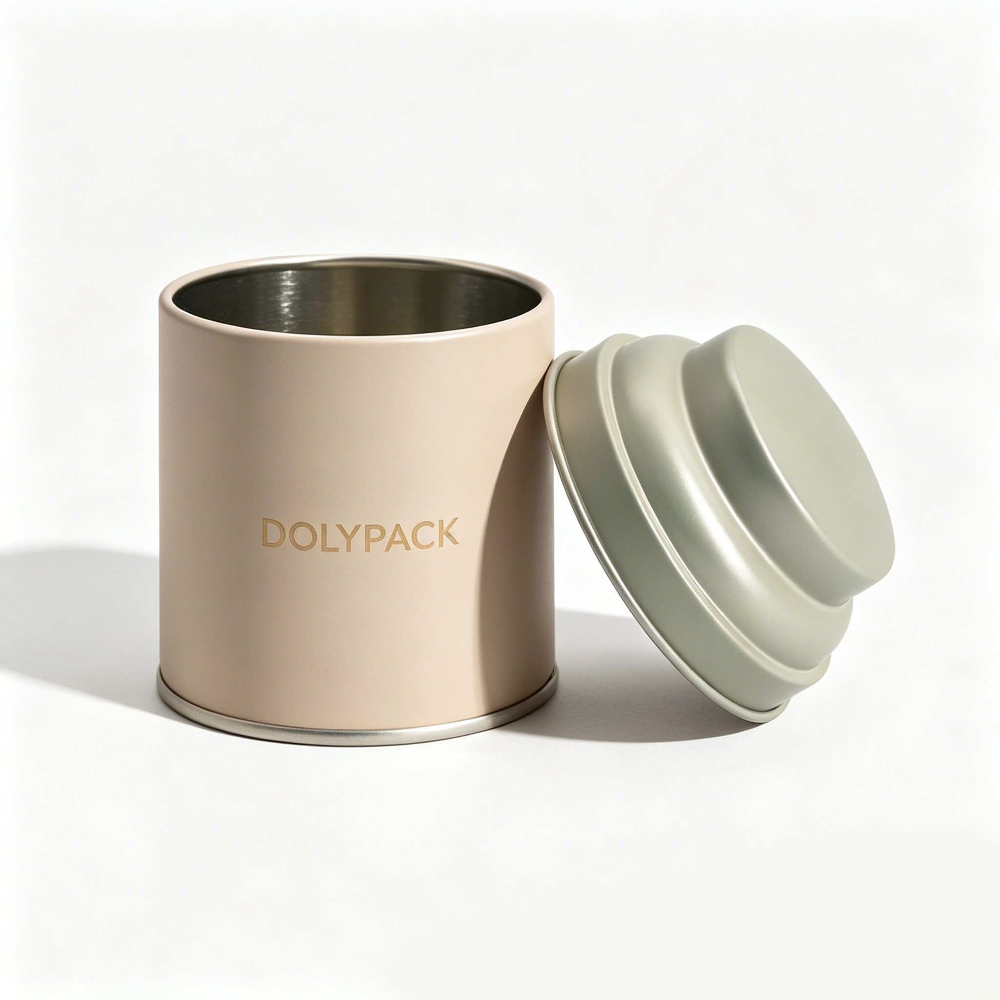 beige aluminum coffee tin with lid open, branded DOLYPACK