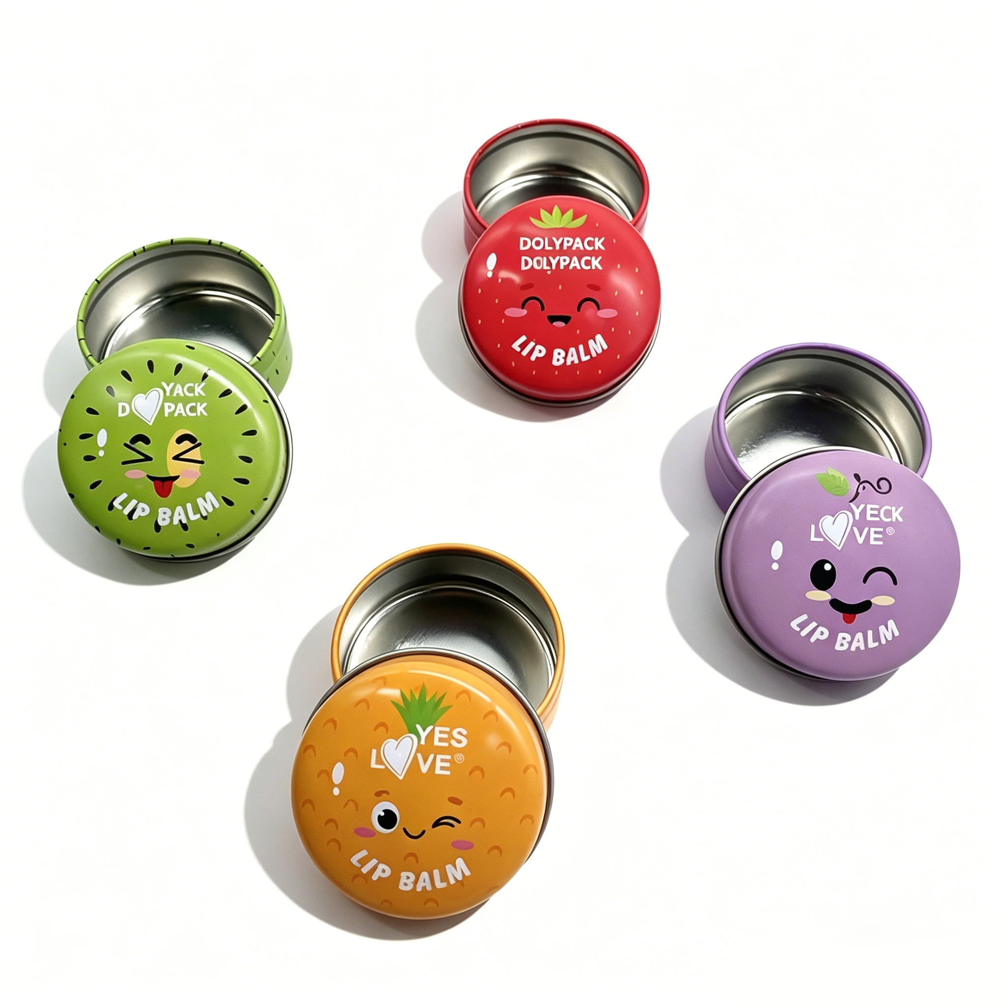 Four colorful lip balm tins with fruit-themed lids and character faces