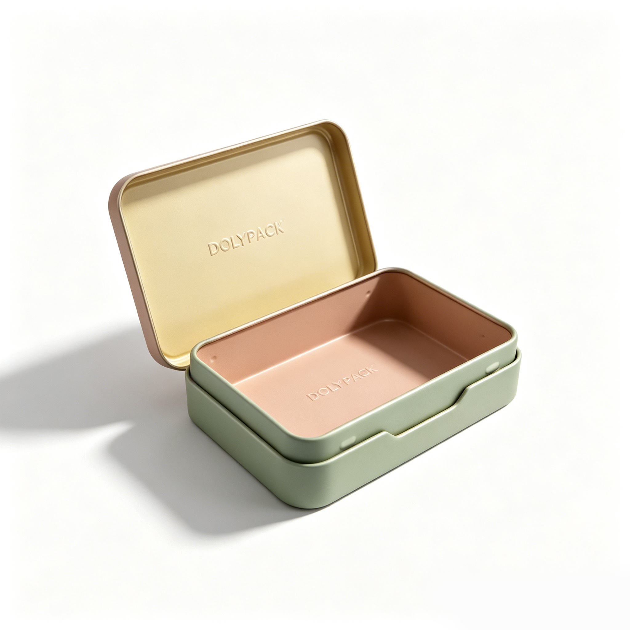Open aluminum cream jar with gold lid and green base, branded DOLYPACK
