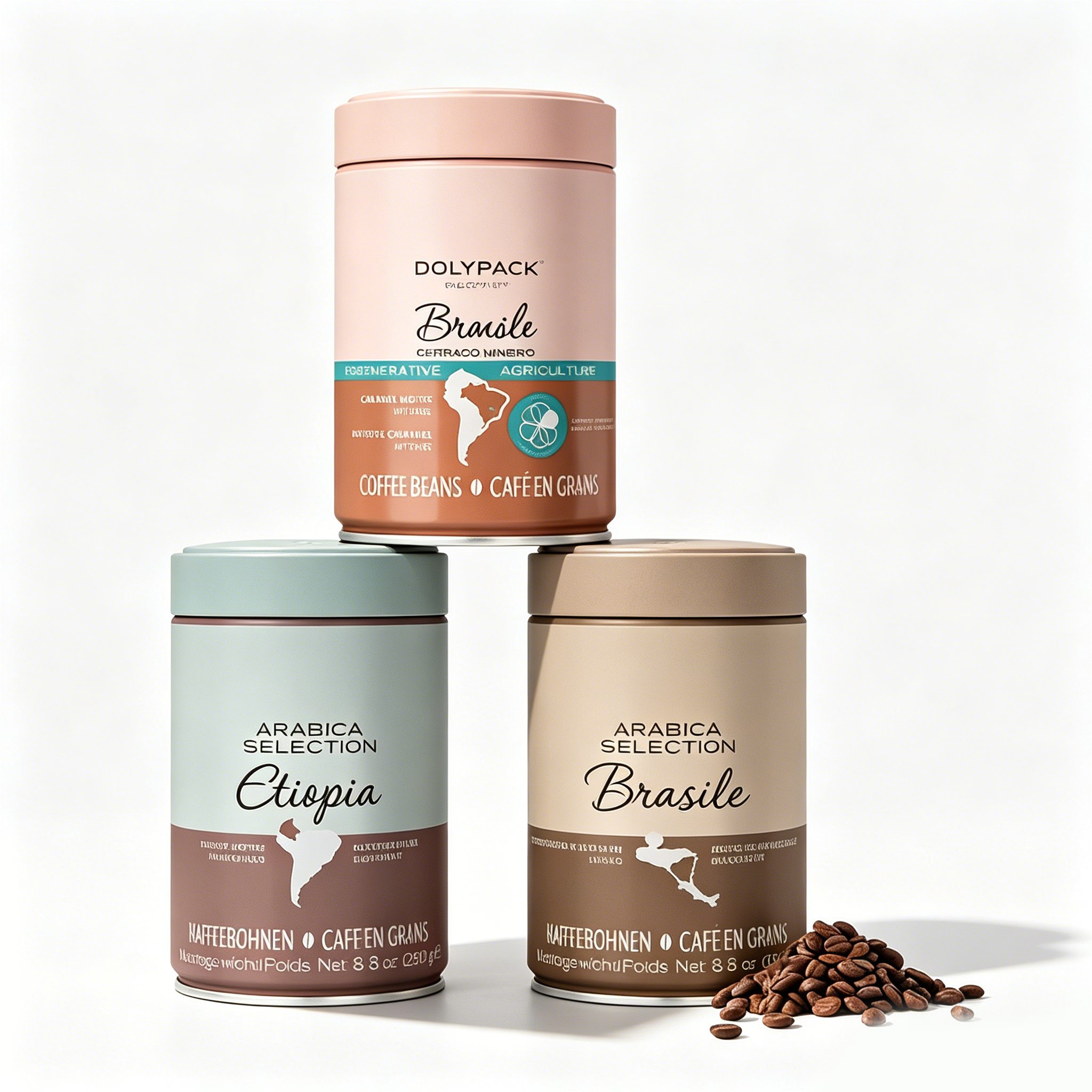 Three aluminum coffee tins in pastel colors with coffee beans scattered beside them