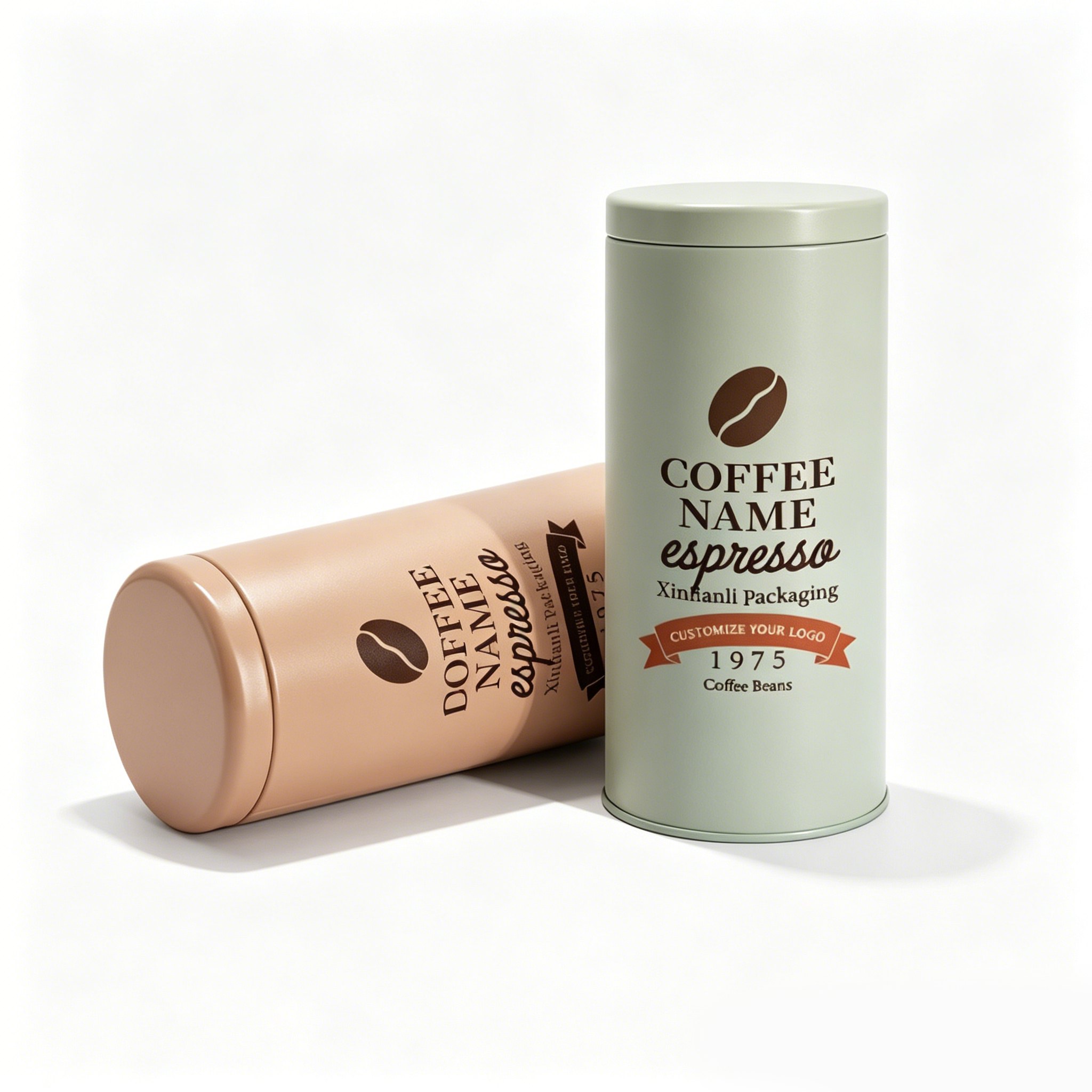 beige and green aluminum coffee tins with espresso labels