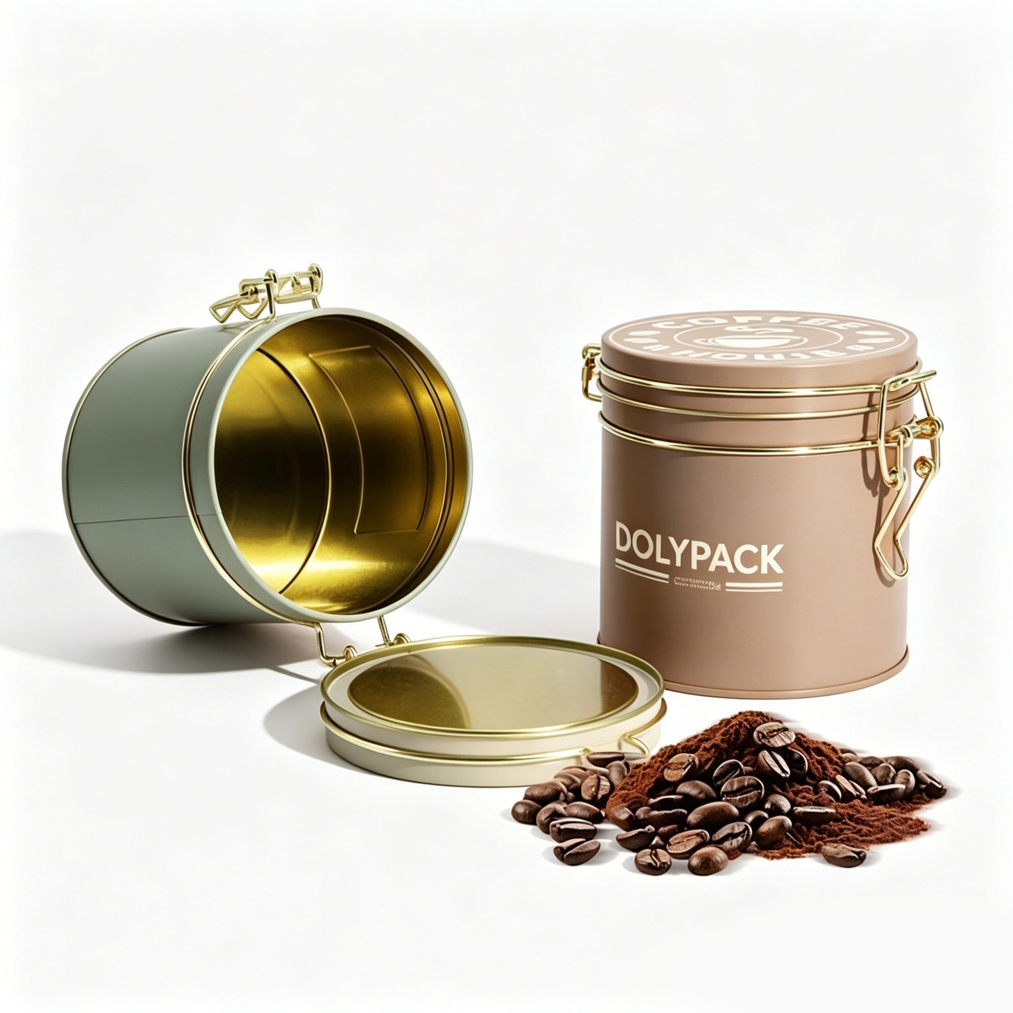 Two aluminum tins with gold interiors, one labeled DOLYPACK, alongside coffee beans and grounds