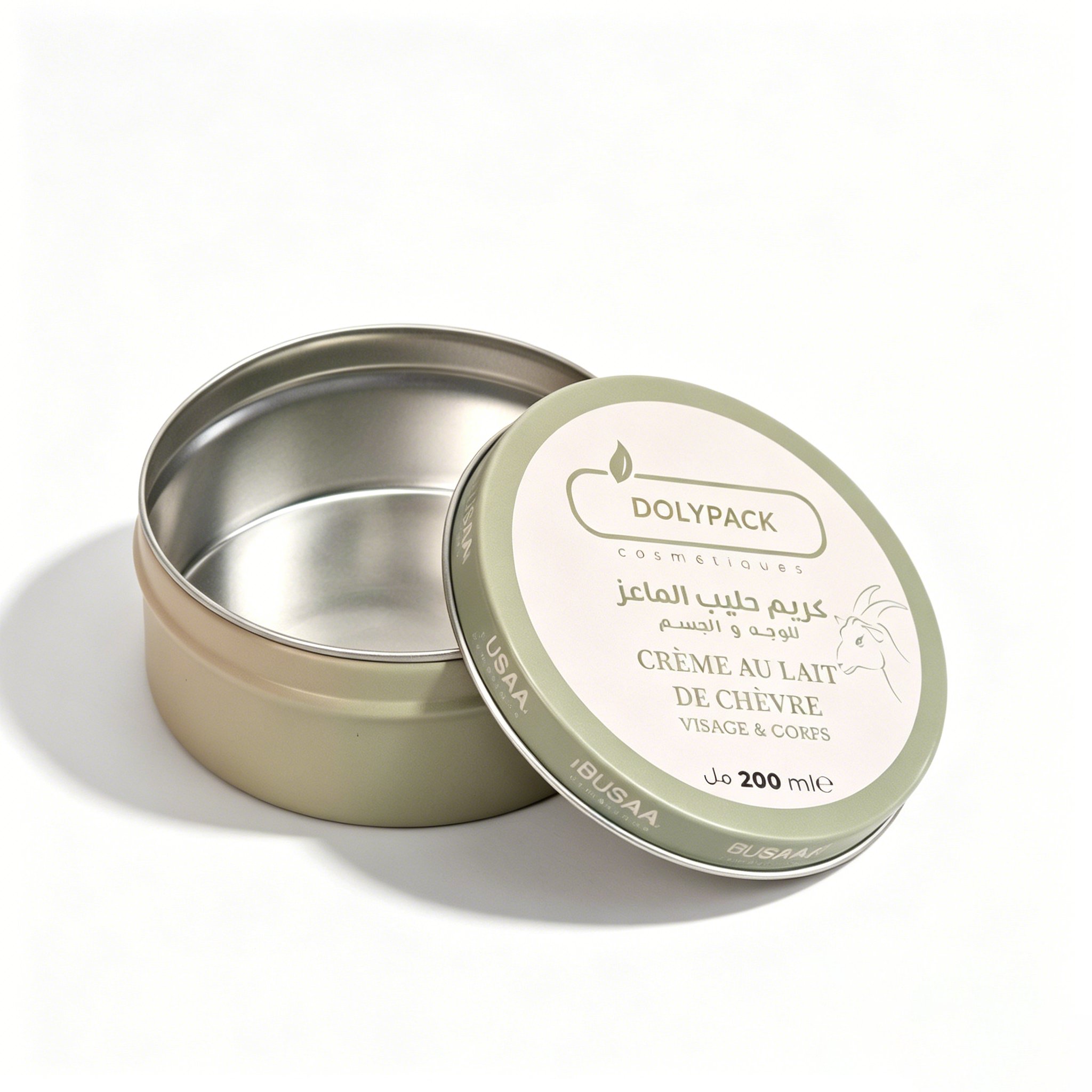 Round aluminum pill jar with green lid, open, showing interior