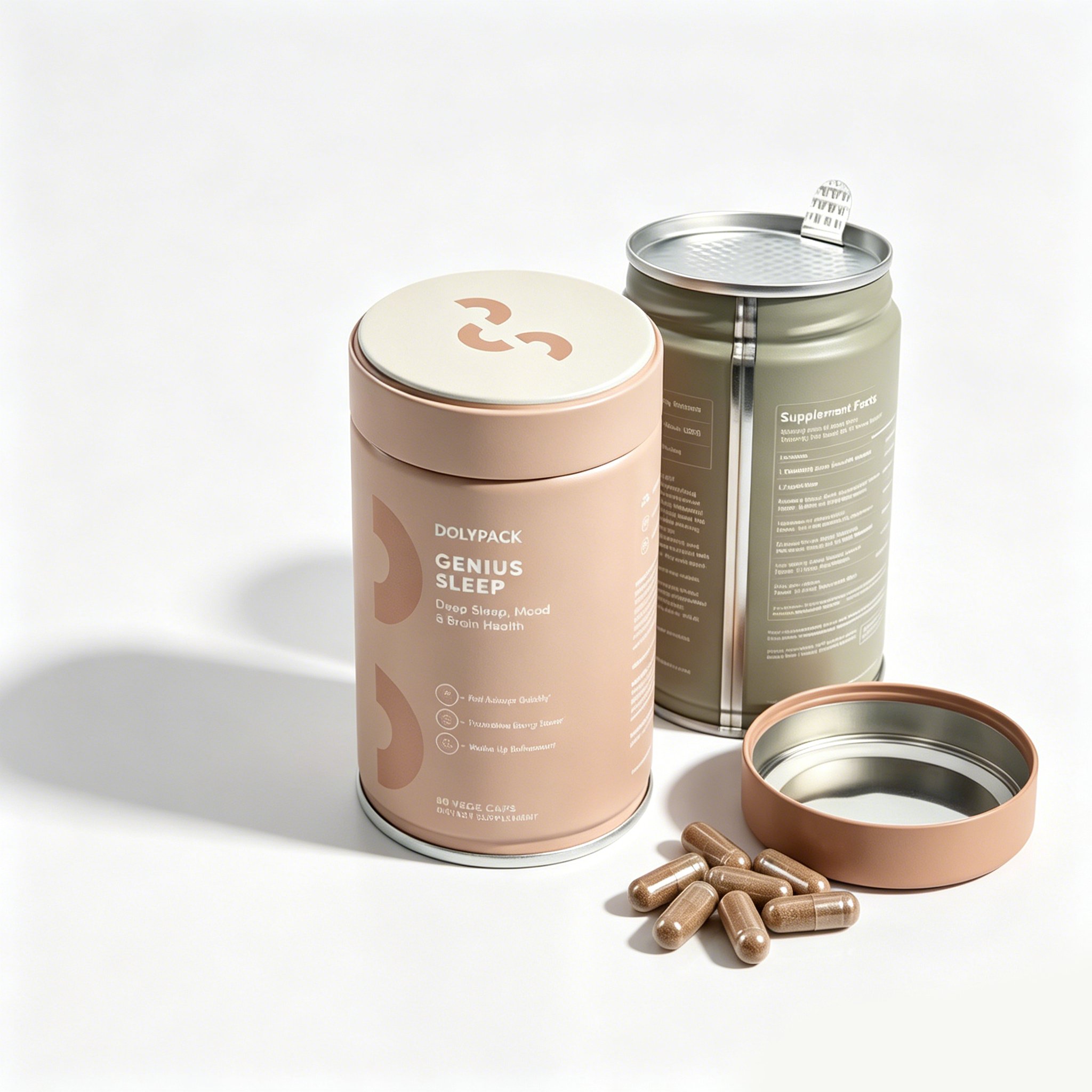 Round aluminum pill jar with green lid, open, showing interior