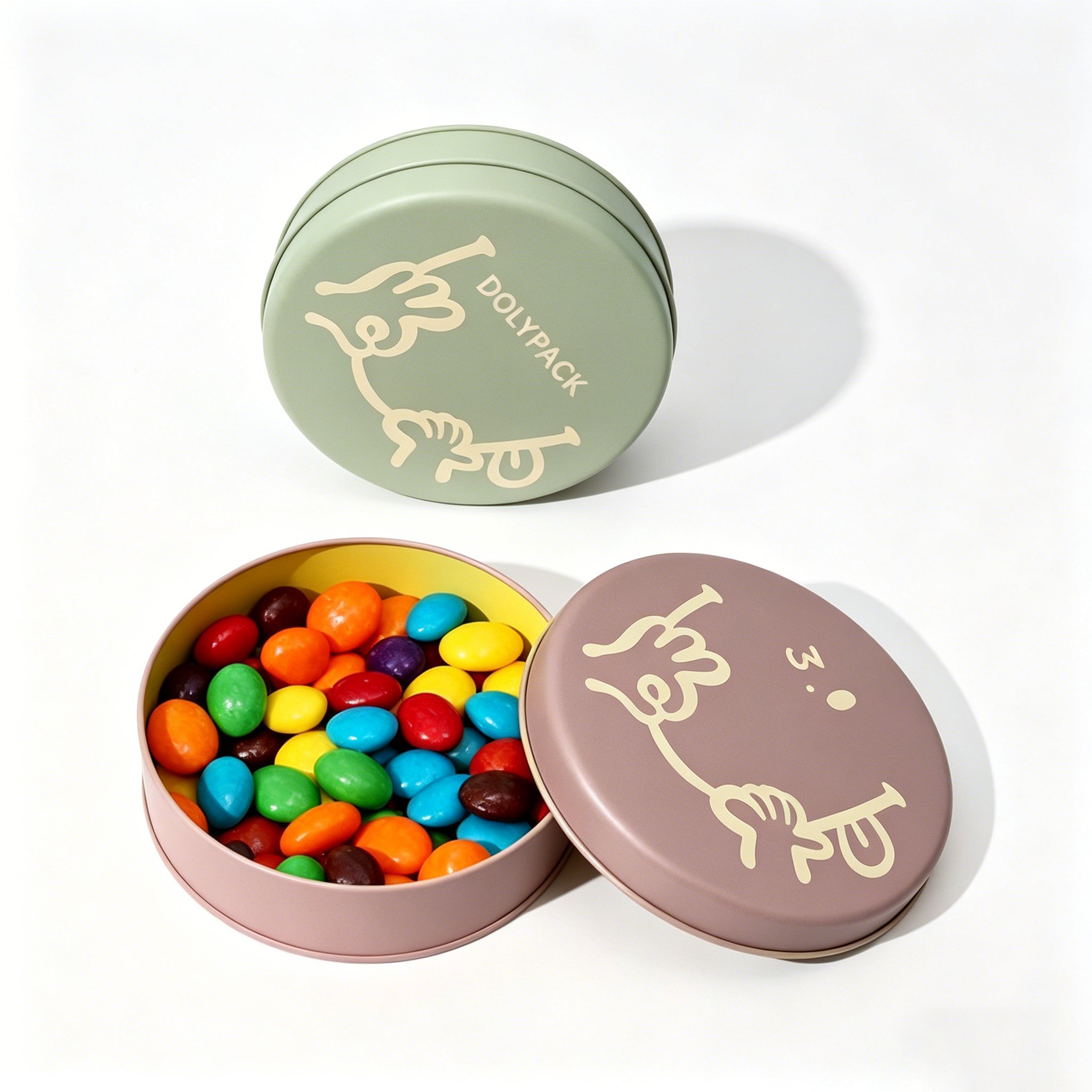 Two round candy tins, one open with colorful candies, both featuring a logo on a white background