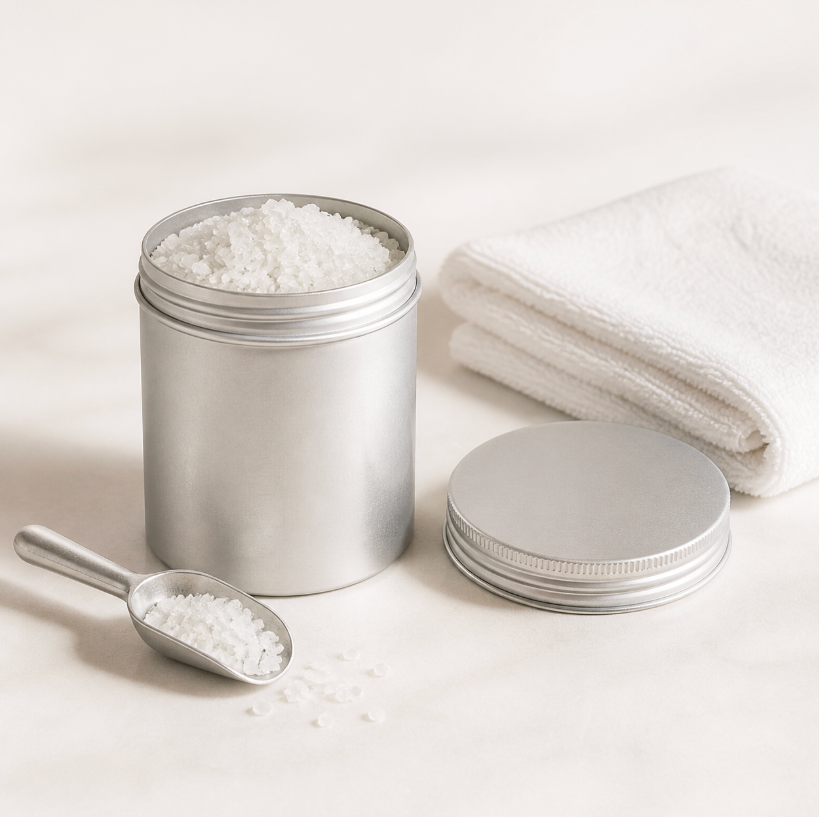 Silver bath salt tin with scoop and lid beside white towels