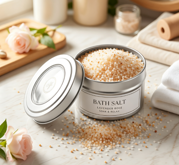 Silver bath salt tin with scoop and lid beside white towels