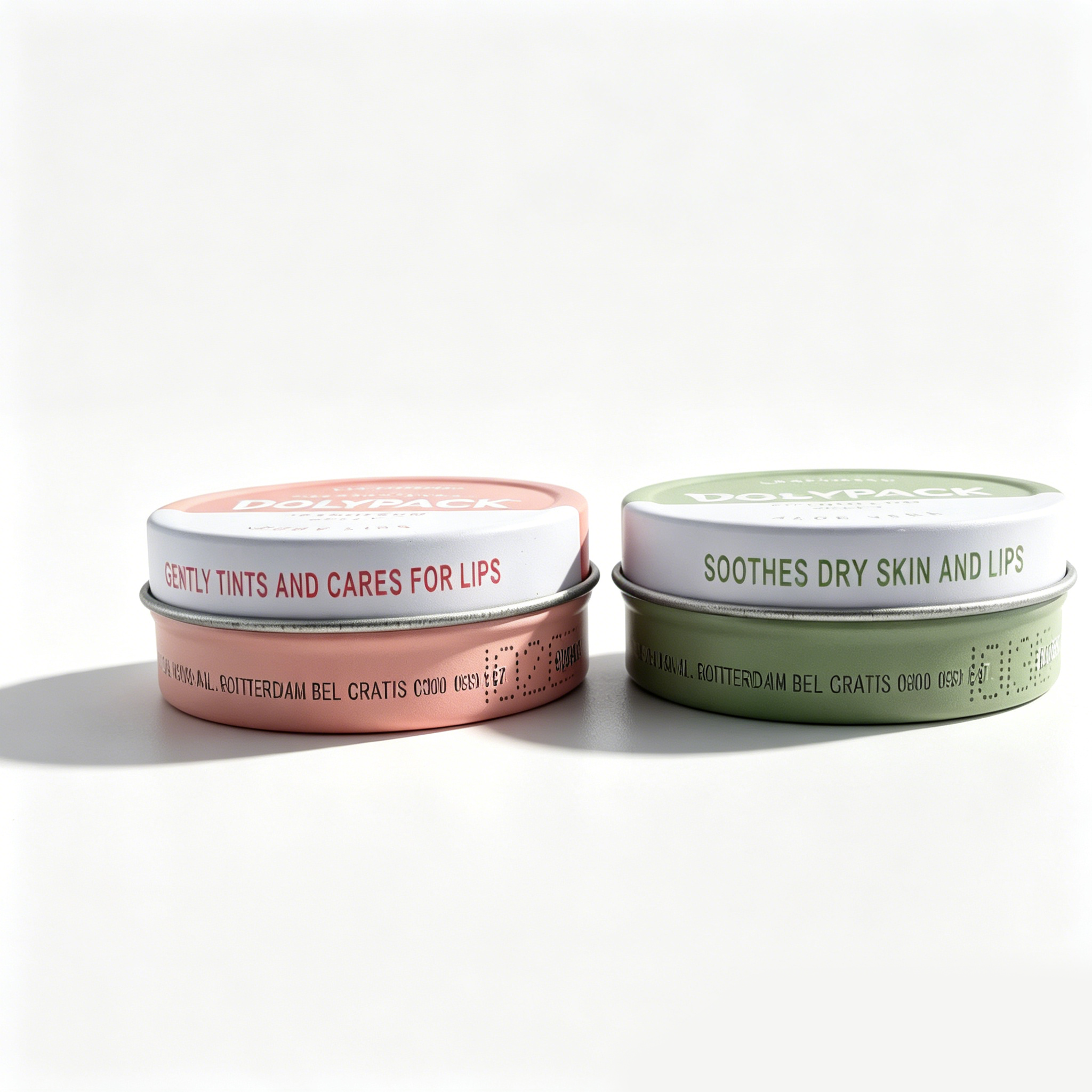Pink and green Dolypack tins with custom branding