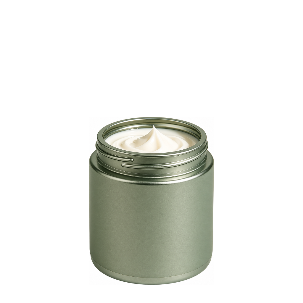 Green jar with white cream, lid off, ready to use