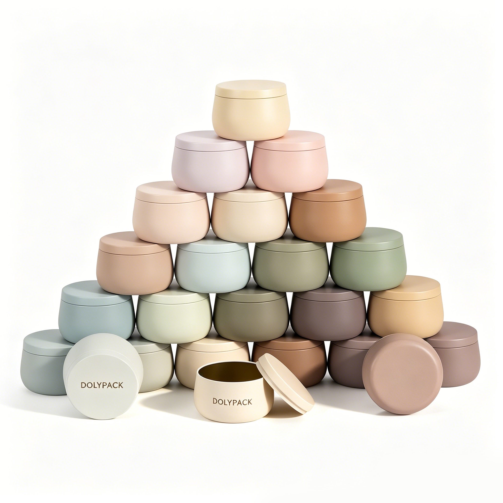 Pastel-colored Dolypack jars arranged in a pyramid with one open to show the inside