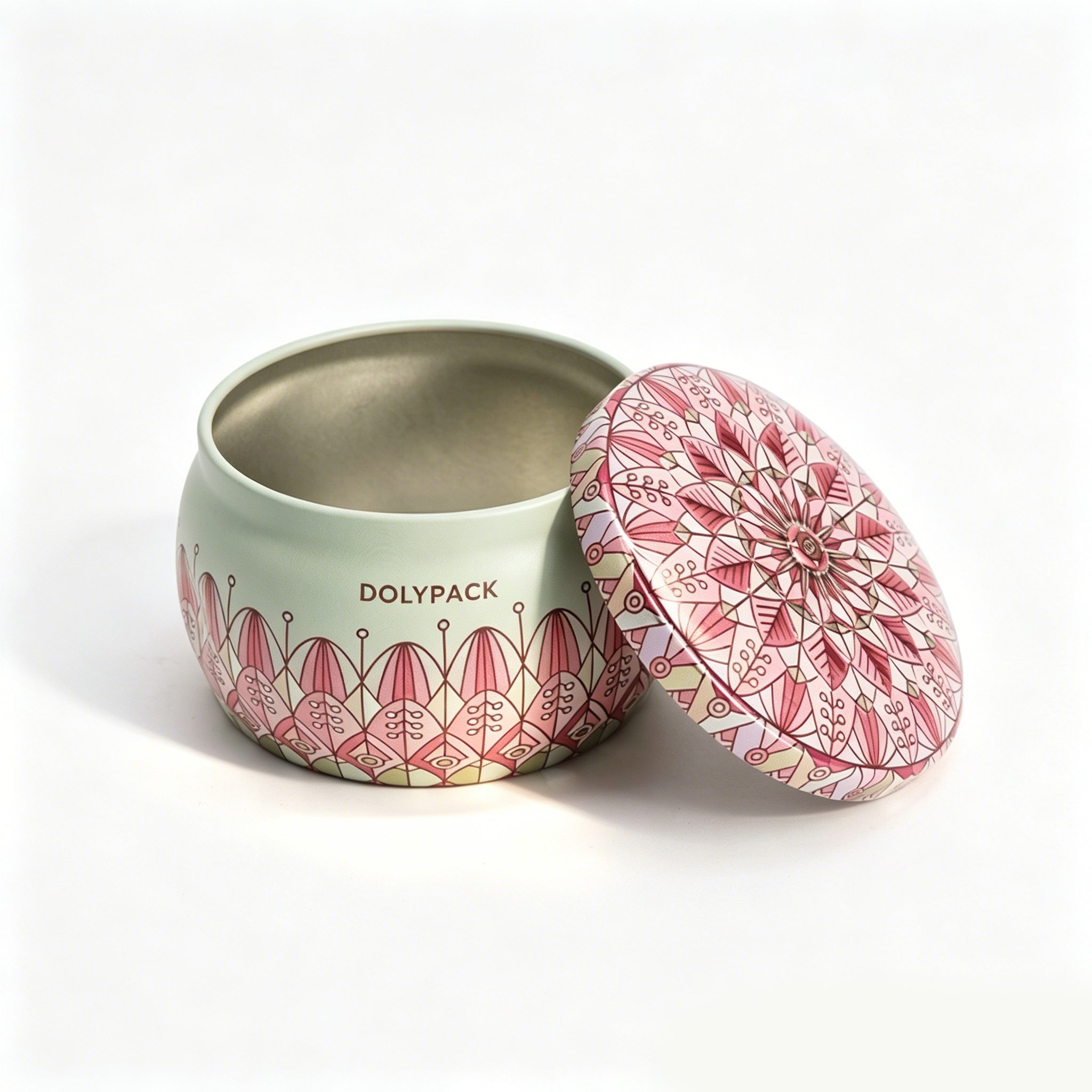 Dolypack candle tin with green body and pink floral design, lid removed