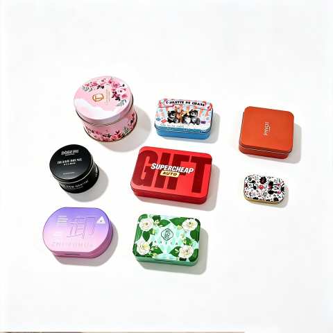 Colorful aluminum tins with floral and logo designs