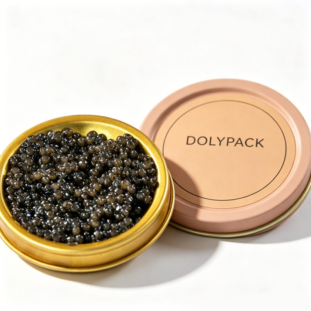 Circular aluminum tin filled with dark brown caviar, viewed from above