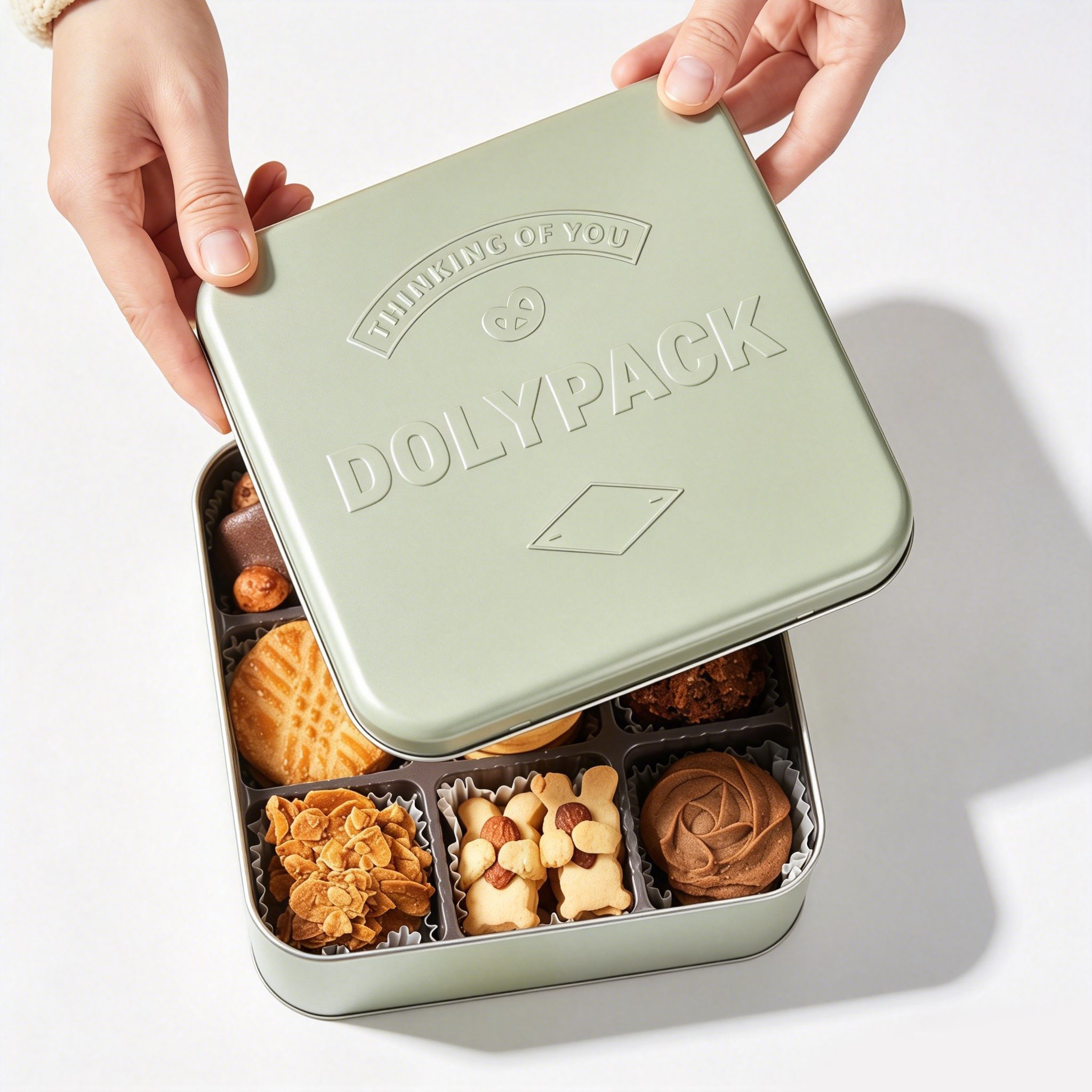 hands opening a green cookie tin with assorted treats inside