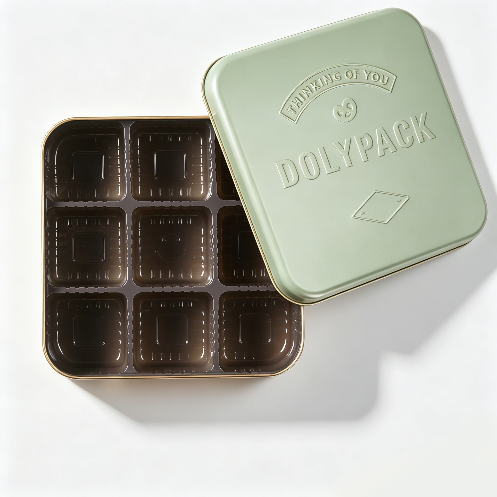 mint green cookie tin with gold rim and nine compartments inside